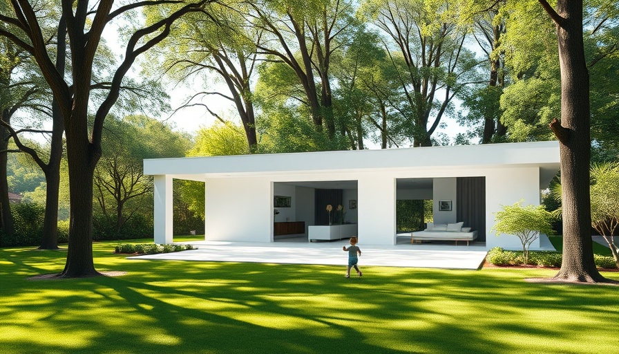 Modern private home 2024 exterior with child playing in garden.