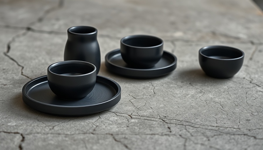 Minimalist black ceramic set on concrete surface, sustainable luxury gifts.