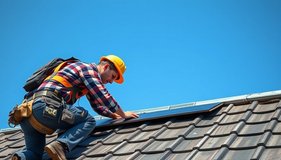 Worker installing sustainable roofing material on rooftop in daylight.