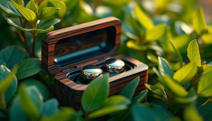 Organic fashion earphone case surrounded by green leaves.