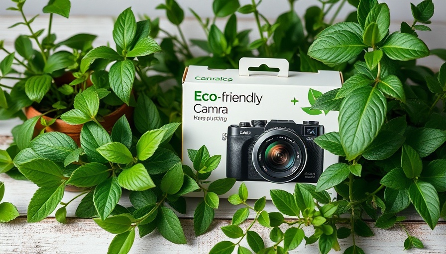 Eco-friendly camera packaging among green plants on wood.