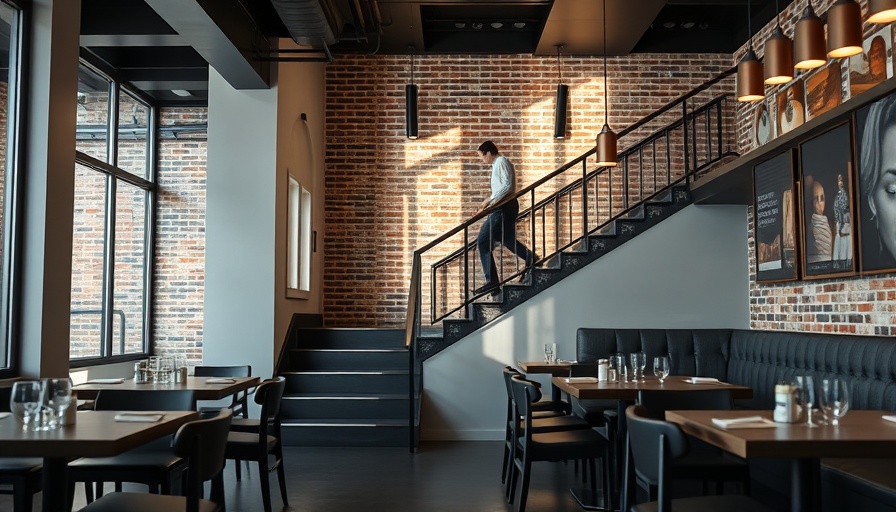 Modern architecture with sleek dining area and stairway.