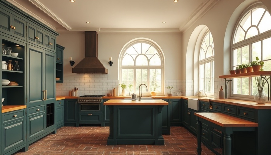 Luxurious pool house kitchen with green cabinets and wooden bar.