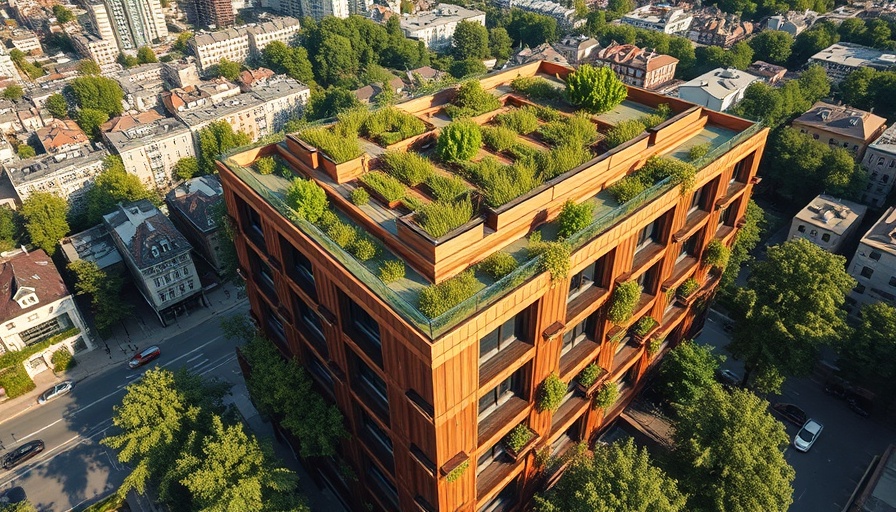 Timber School Austria with rooftop garden in city setting, aerial view.