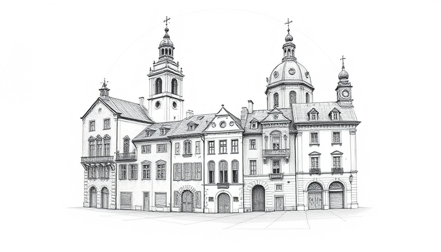 Intricate sketch of historic preservation buildings, circular layout