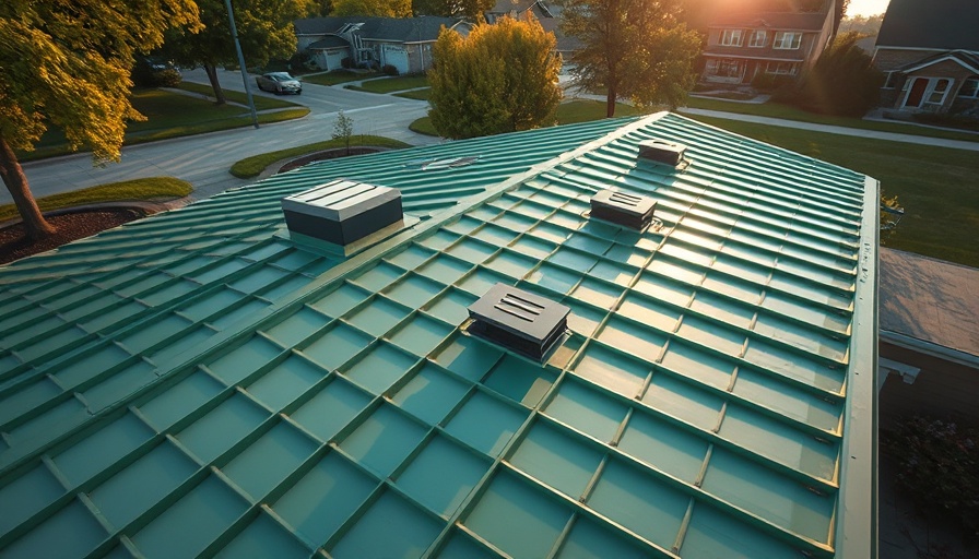 Green metal roof with vents on a suburban house.