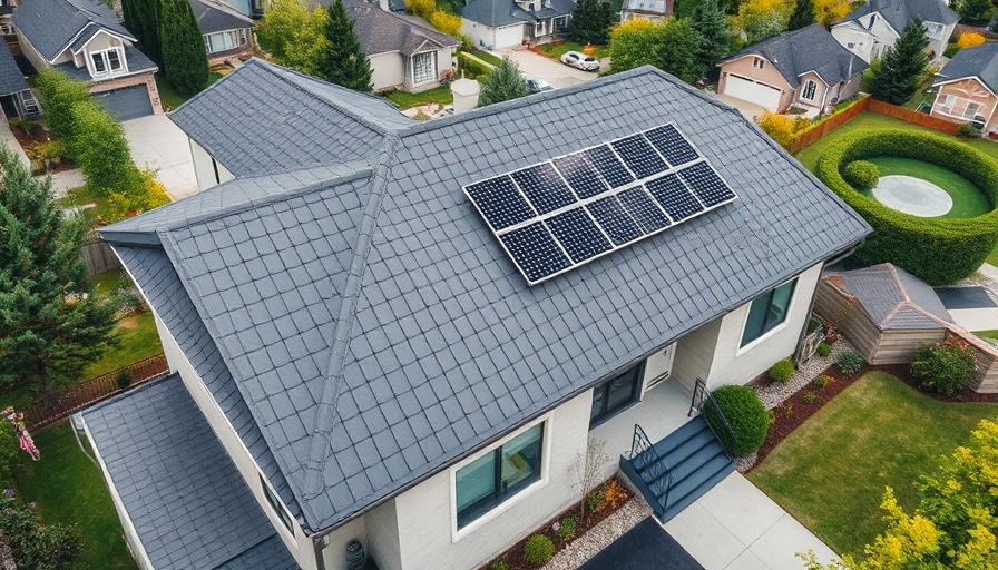 Modern house with metal shingles and solar panels aerial view