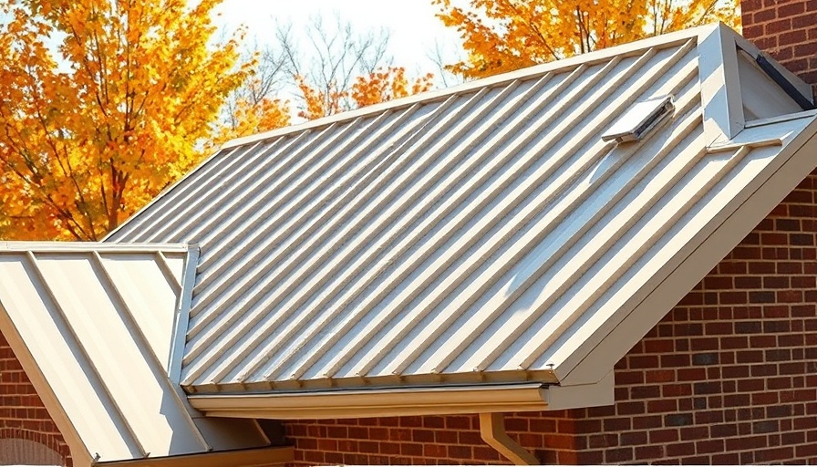 Modern beige metal roofing on brick house in autumn sunlight.