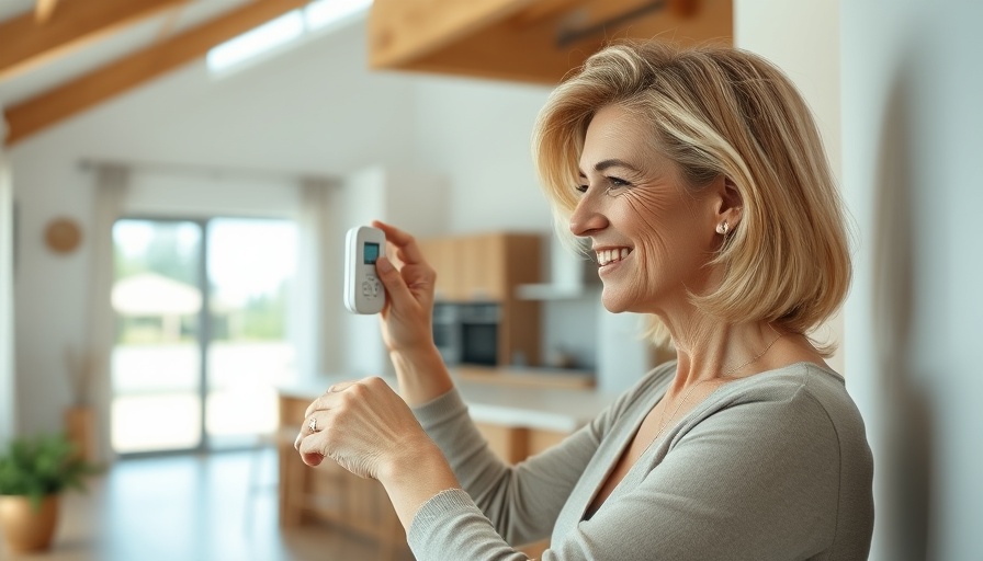 Middle-aged woman adjusting thermostat in modern home interior