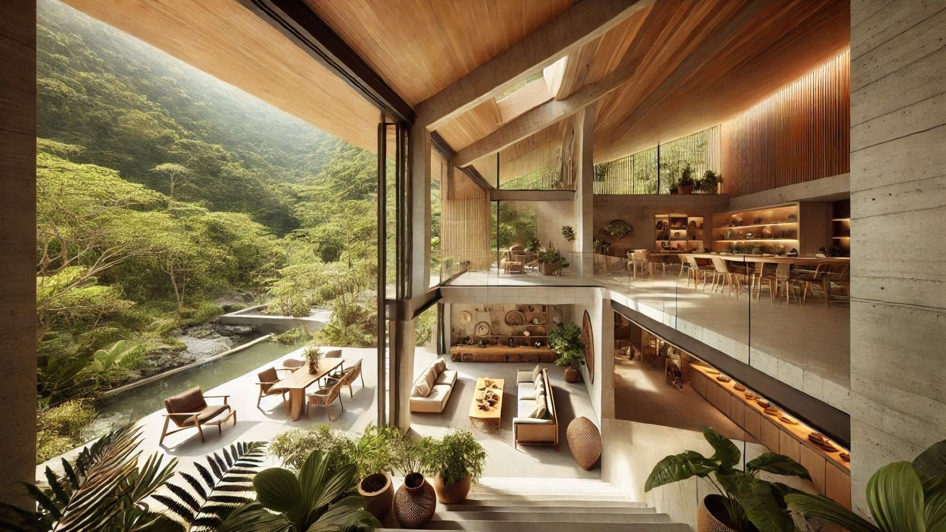 Casa Ouro Velho, highlighting the home’s organic integration with nature, natural materials, and multi-level layout inspired by the steep terrain of Nova Lima