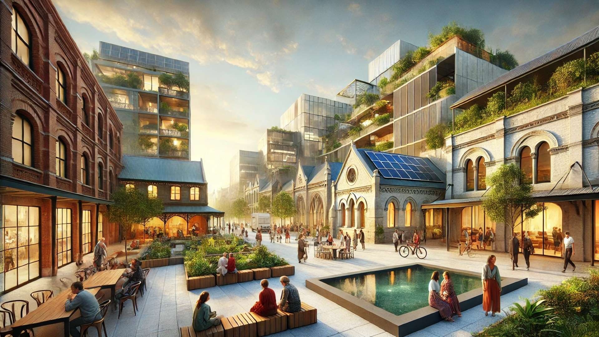 capturing the vision of unbuilt public spaces that blend historical context, ecological design, and inclusive community engagement