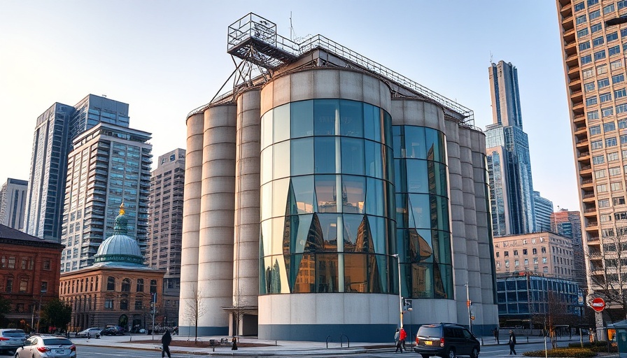 Modern concrete silo repurposed into stylish urban building with glass panels.