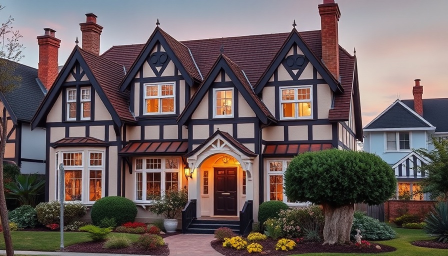 Tudor-style house with decorative gables in a suburban setting.