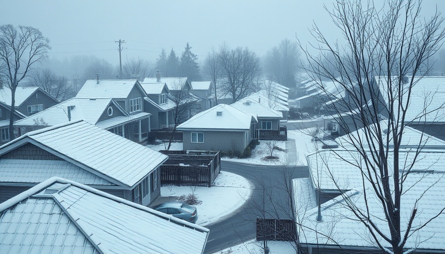 Snow-covered suburban houses with metal roofing