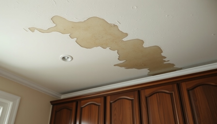 Water spots on ceiling above wooden cabinets, showing visible damage.