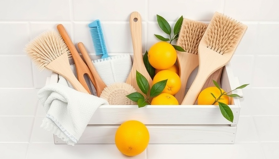 Eco-friendly cleaning tools with lemons on white tiles.