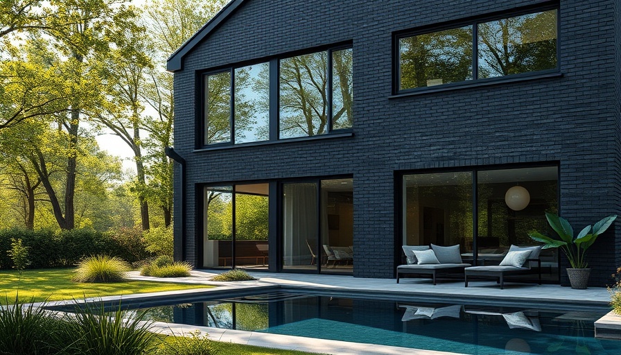 Modern house featuring dark brick architecture with pool.