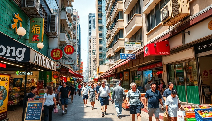 Vibrant Hong Kong urban architecture with bustling marketplace.