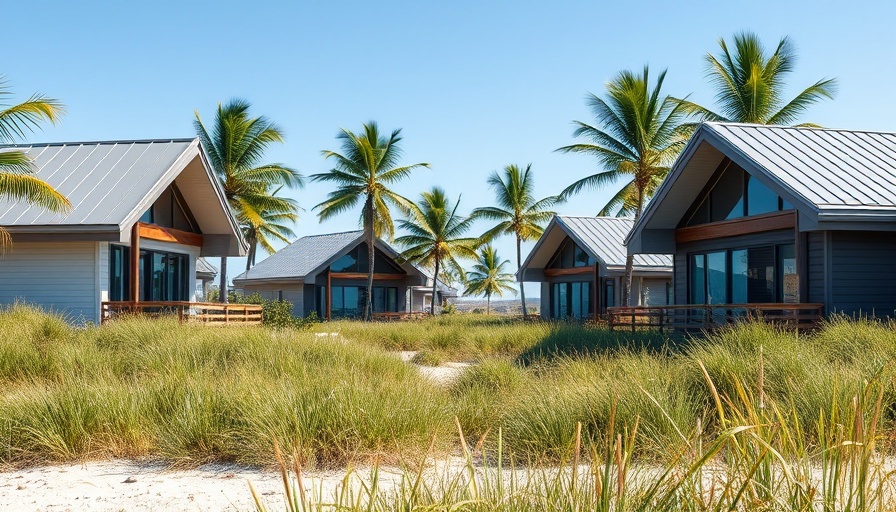 Modern coastal houses with metal roofs in sunny setting