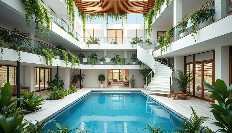 Green architecture with cascading plants and spiral staircase.