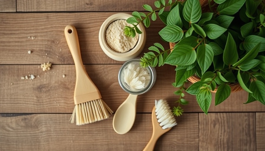 Eco-friendly cleaning tools on rustic wood surface.