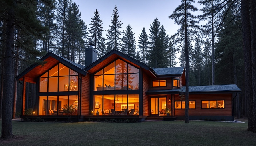 Lake Tahoe Home surrounded by pine trees at dusk.