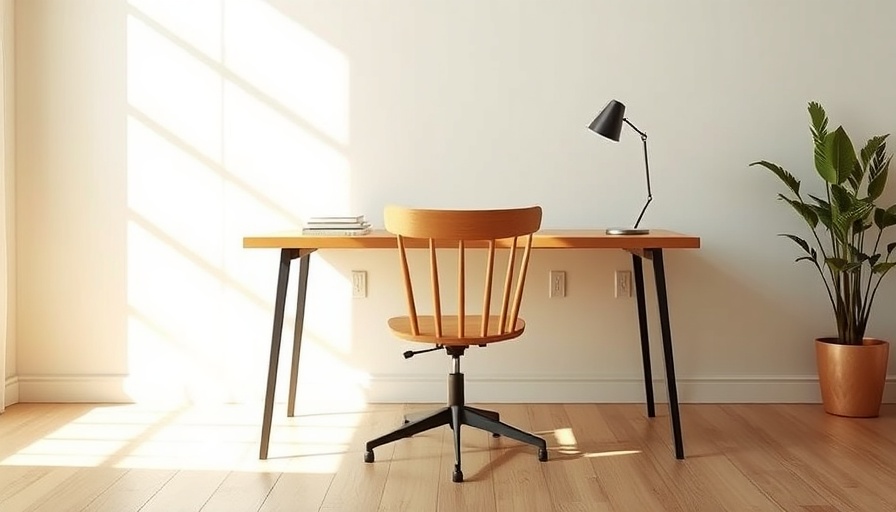 Minimalist office desk and chair in sunlit room, Circular Design theme