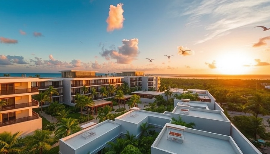 Aerial view of Amelia Tulum complex during sunset, lush surroundings.