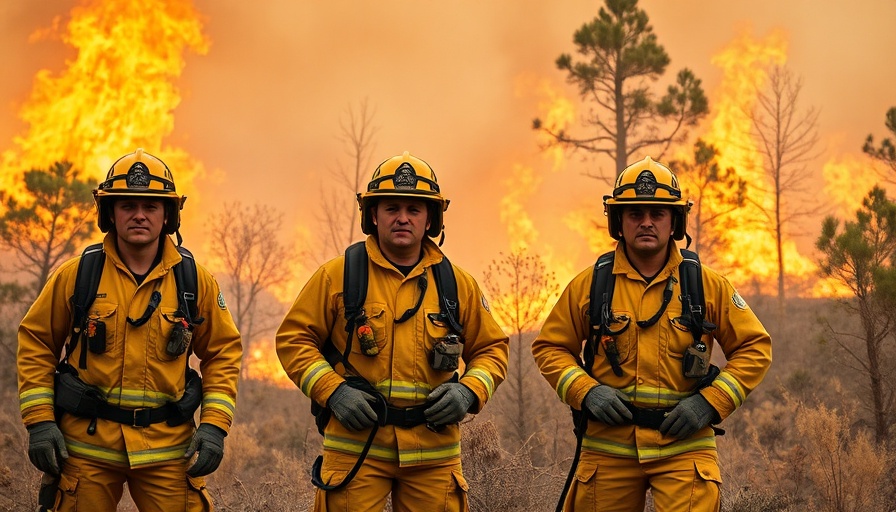 Firefighters battling a hillside wildfire amid intense flames.