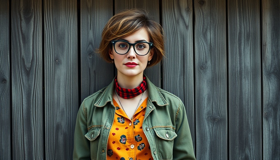 Upcycled fashion showcased by a stylish woman against wooden backdrop.