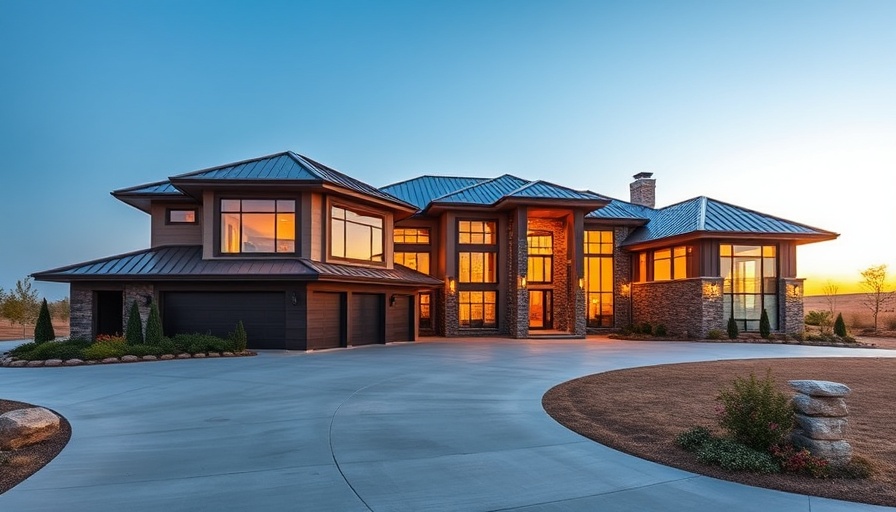 Modern mansion with metal roofing against sunset sky