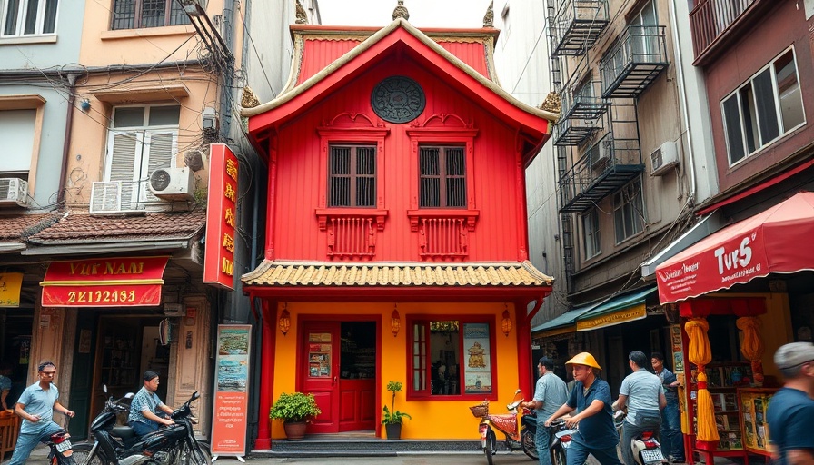 Traditional Vietnamese tube house with vibrant facade on an urban street.