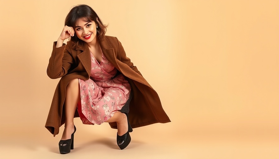 Online vintage stores, young woman in vintage fashion with a brown coat and floral dress.