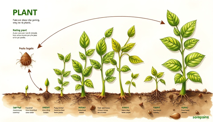 Plant life cycle illustration showing growth stages and labeled arrows.