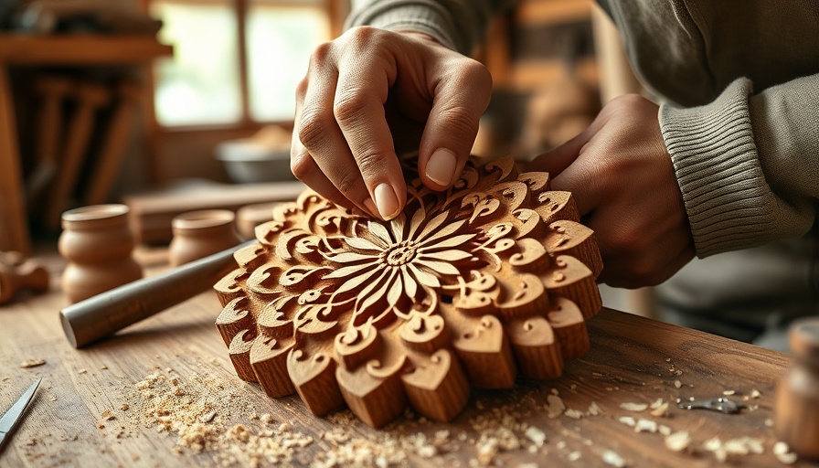 Hand carving intricate wood design, showcasing craftsmanship.