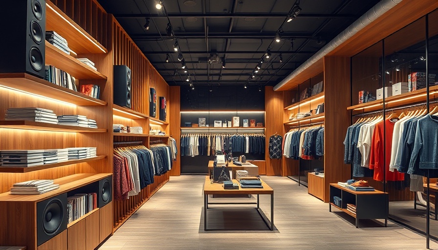 Modern clothing store with books and speakers in vibrant lighting