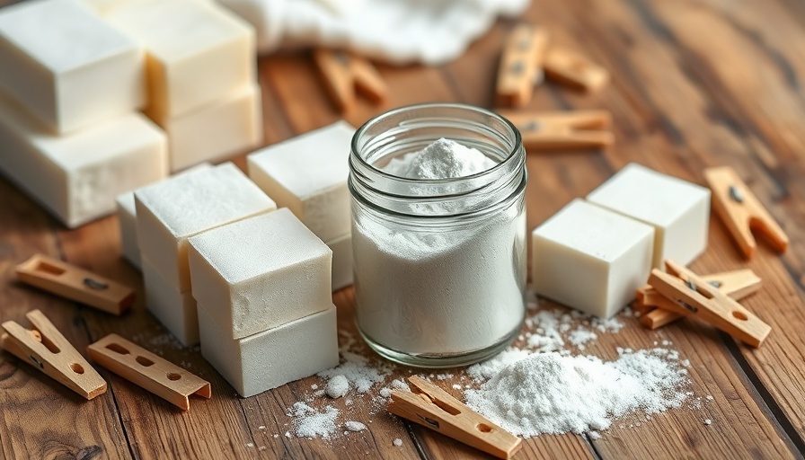 Homemade laundry detergent blocks and jar on rustic table.