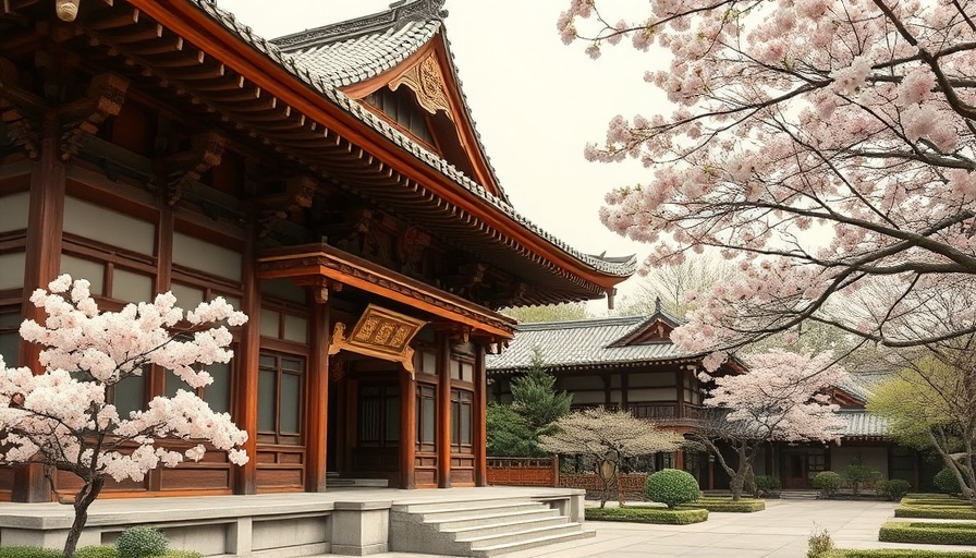 Traditional Japanese temple with cherry blossoms.