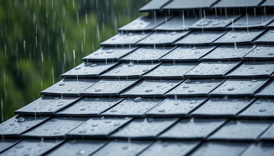 Wet grey roof shingles in heavy rain, blurred background.