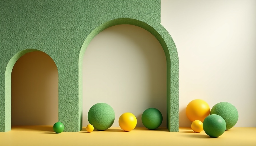 Artistic geometric design for Green Product Awards with green arches and spheres.