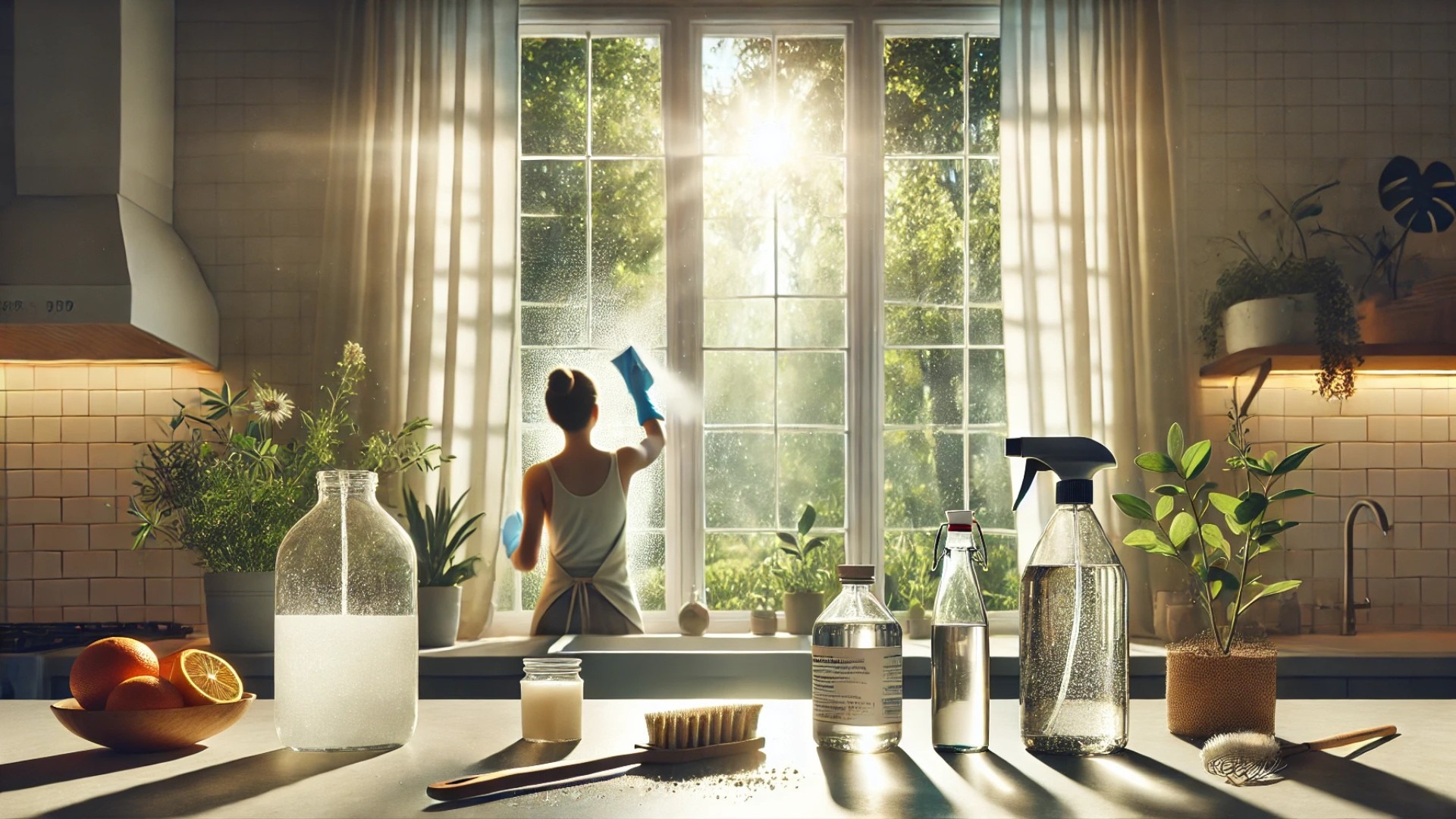 an eco-friendly, homemade window cleaning setup in a serene home setting