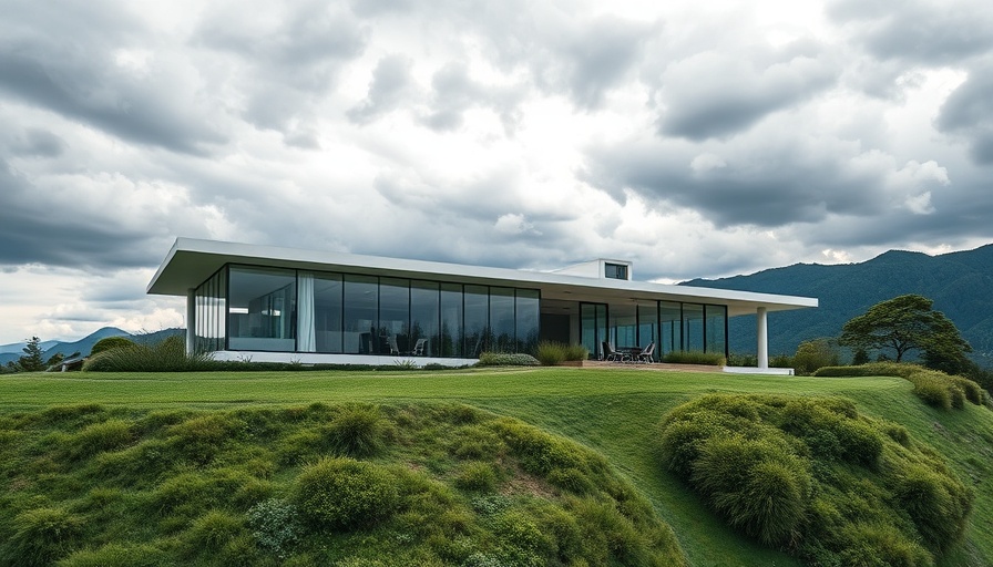 Modern horizontal home design on scenic hillside with glass windows.