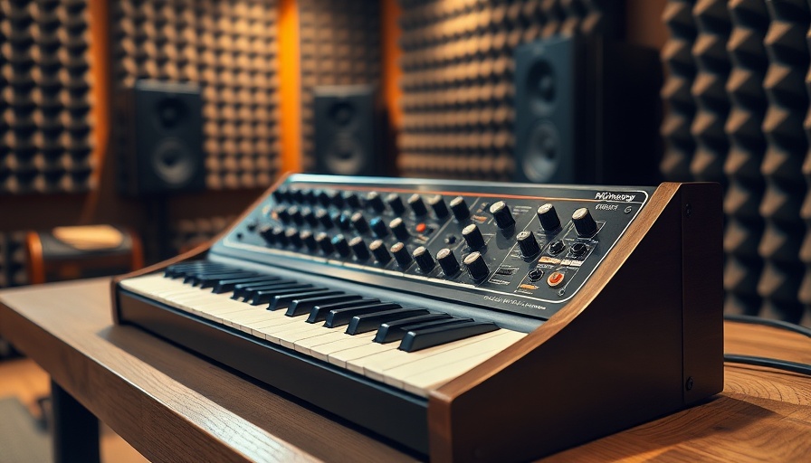 Detailed photorealistic Minimoog synthesizer in a studio setting.