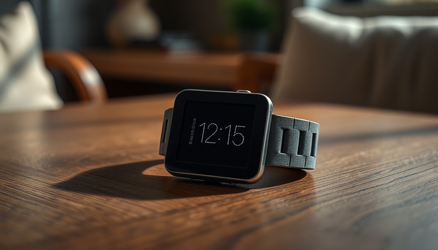 Modern Pebble smartwatch displaying time on wooden table.