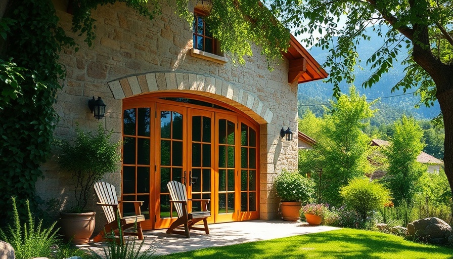 Mediterranean architecture villa with stone facade and large glass doors.