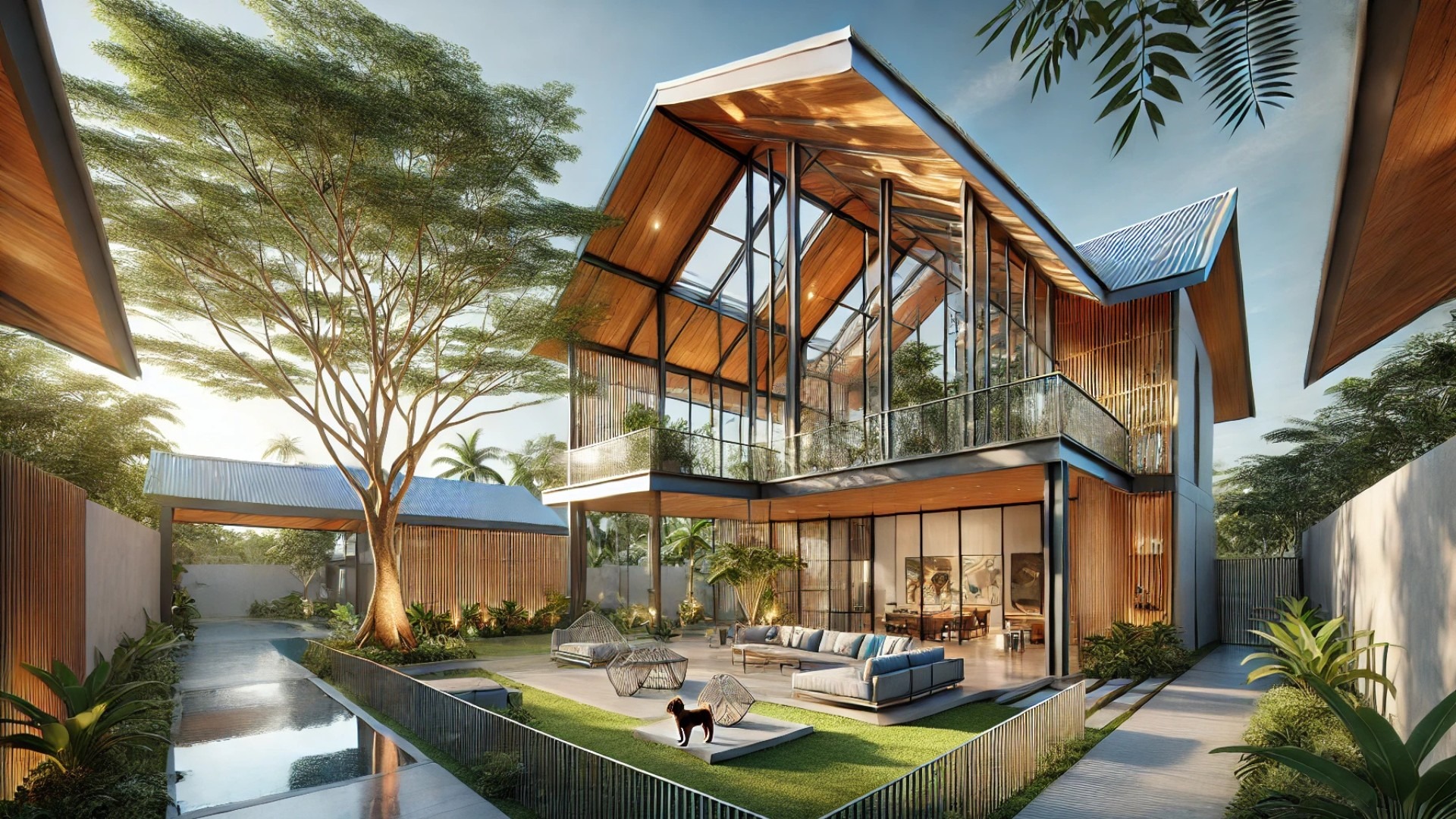 Modern roof house with sleek design amidst nature.