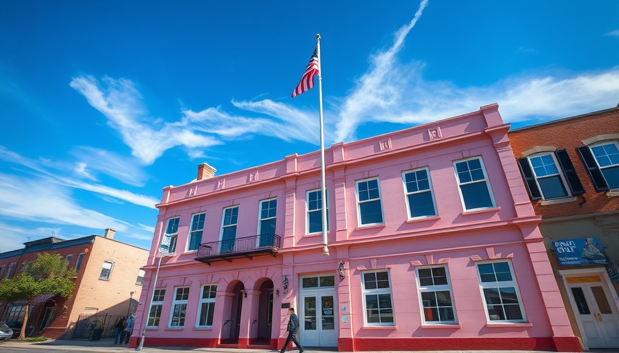 Historic coworking space building with person walking in front.