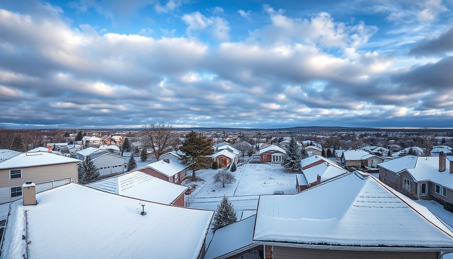 Winter aerial view of Pennsylvania suburb showcasing snow-covered roofs.