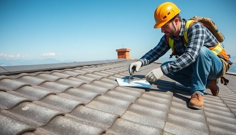 Roof sealers used by worker securing roof tiles, overlay text.