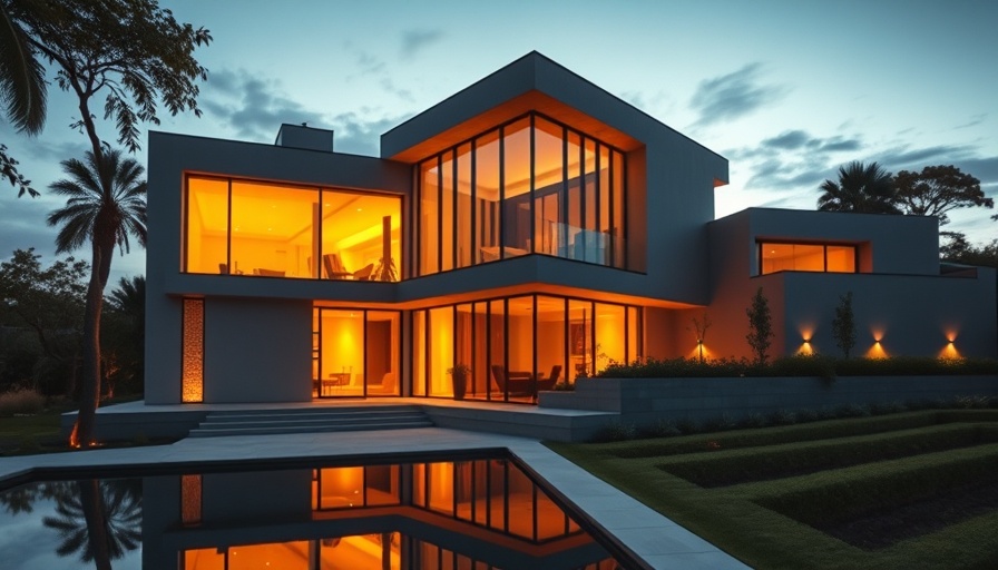 Stylish modern home design with terraced landscape at dusk.